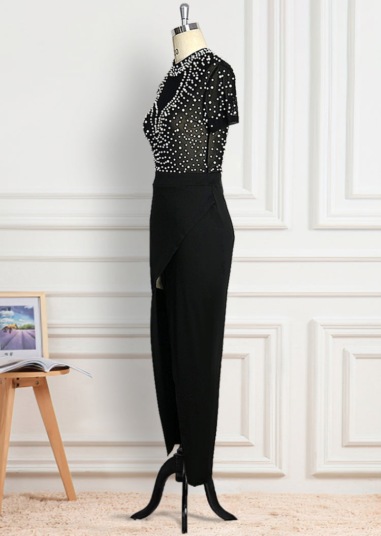 Autumn Formal Black Beaded Short Sleeves Slit Evening Dress 3