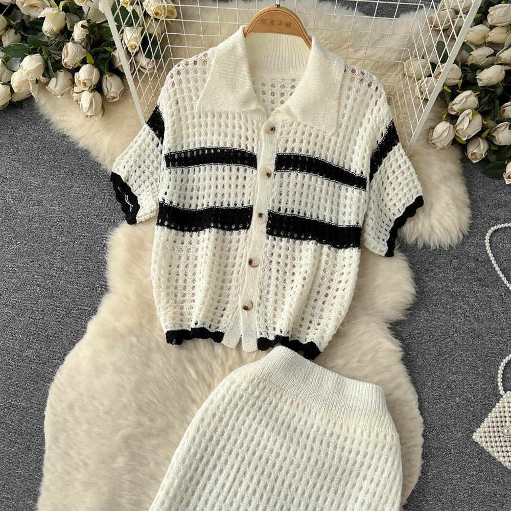 Spring/Summer Holidays Set for Women Turndown Collar Short-Sleeve Loose Top + Slit Skirt Two-Piece Set 13