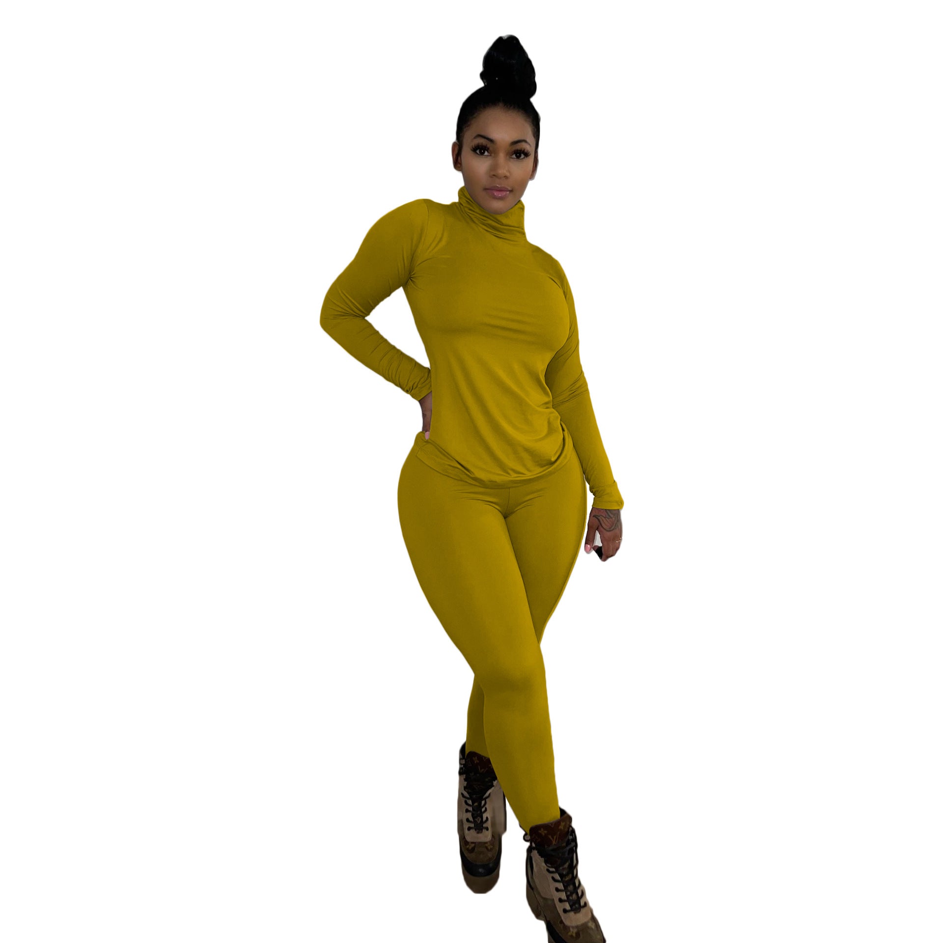 Women Spring Solid Casual High Neck Long Sleeve Top and Pants Two Piece Set 10