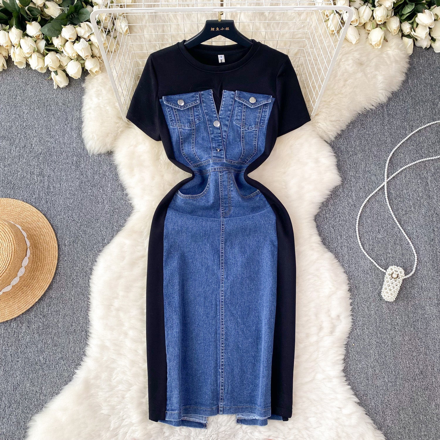 Round Neck Short Sleeve Patchwork Denim Dress Slim Waist Fake Two-Piece Long Dress 8