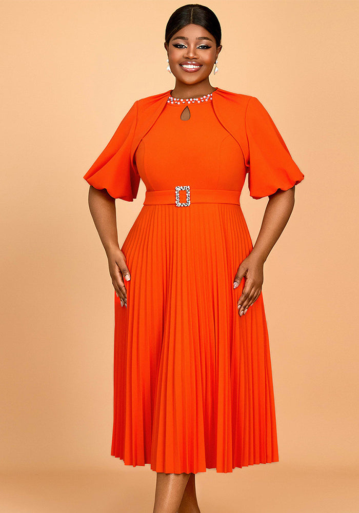 Bright Orange Puff-Sleeve Dress Fashionable Solid Color Party & Career Pleated Dress