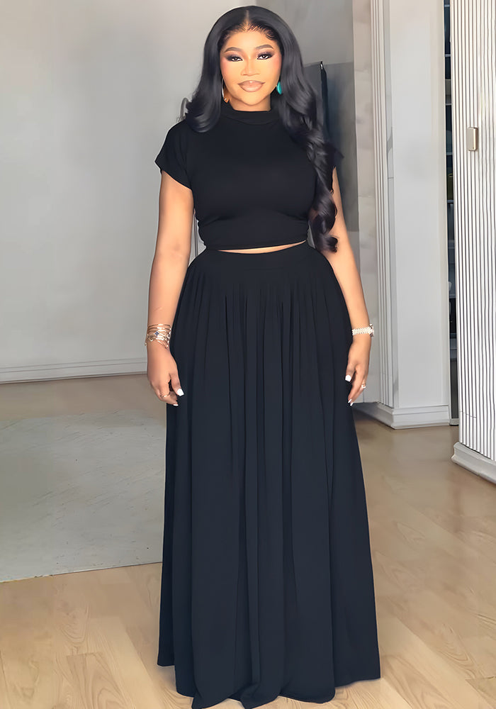 Solid Color Round Neck T-Shirt Casual Skirt Two Piece Set