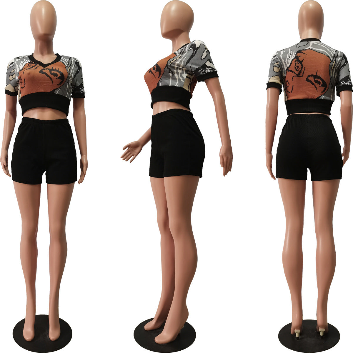 Women's Summer Print Heart Neck Slim Sport Casual Top + Shorts Set 25