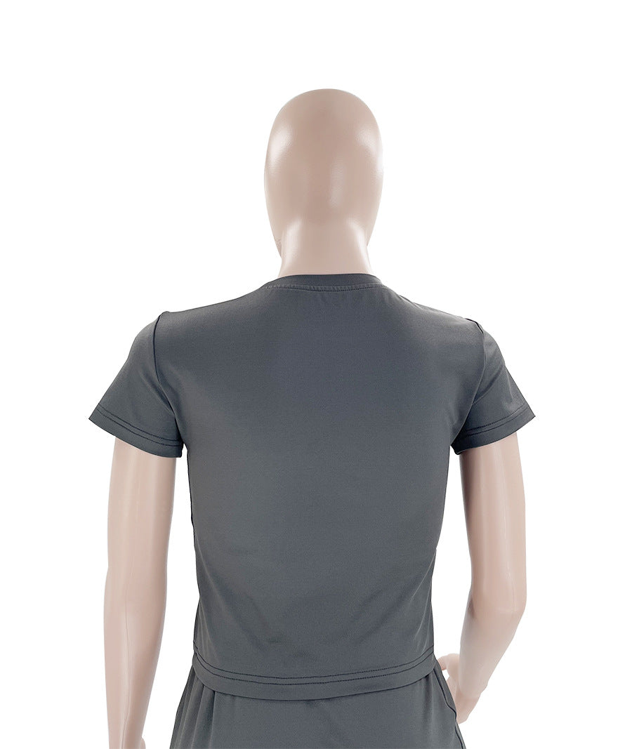 Summer Women's Fashion Casual Solid Color Round Neck Short Sleeve Top Long Skirt Set 17