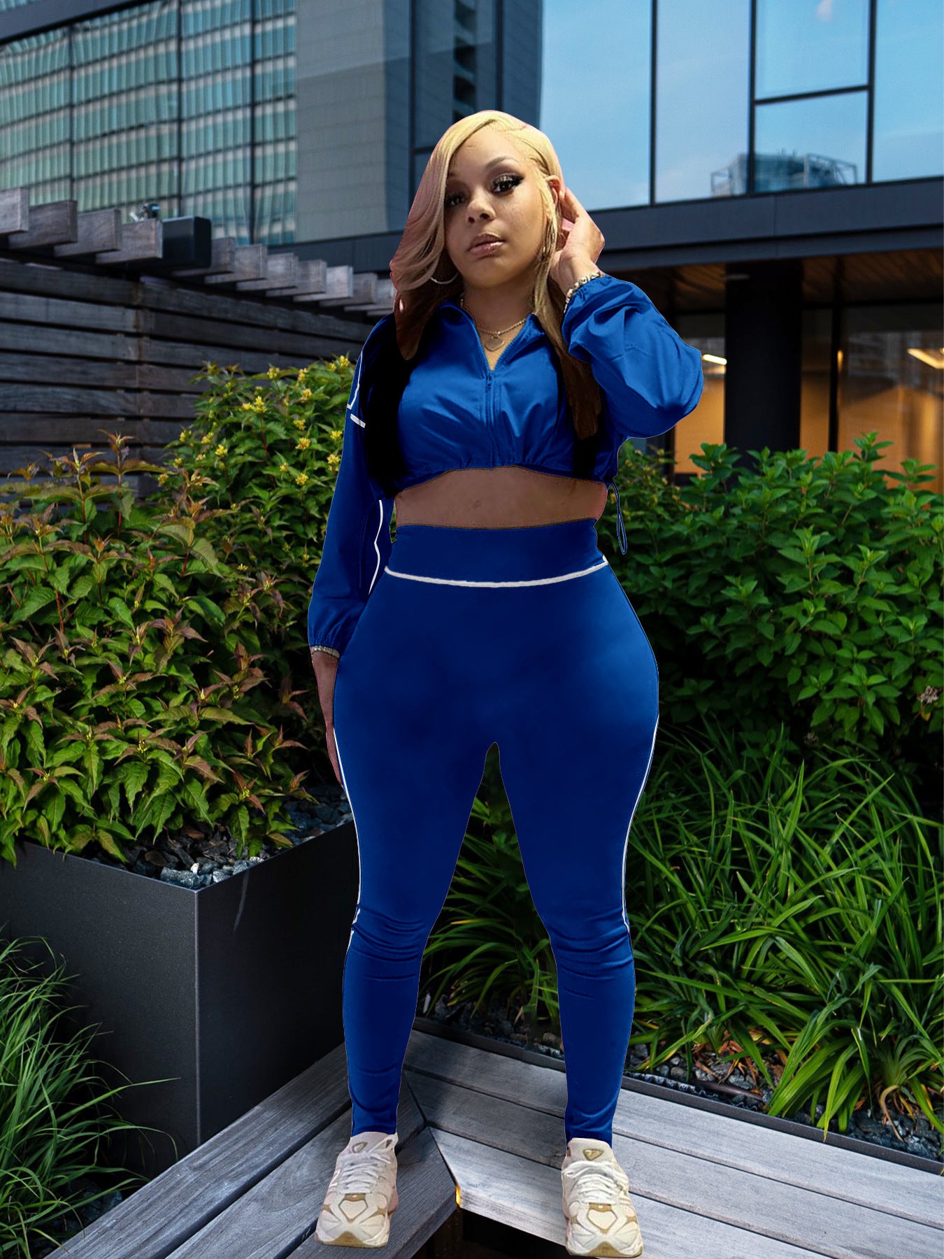 Women's Sexy Elastic Waist Long Sleeve Crop Top Slim Tight Pants Two-Piece Set 5