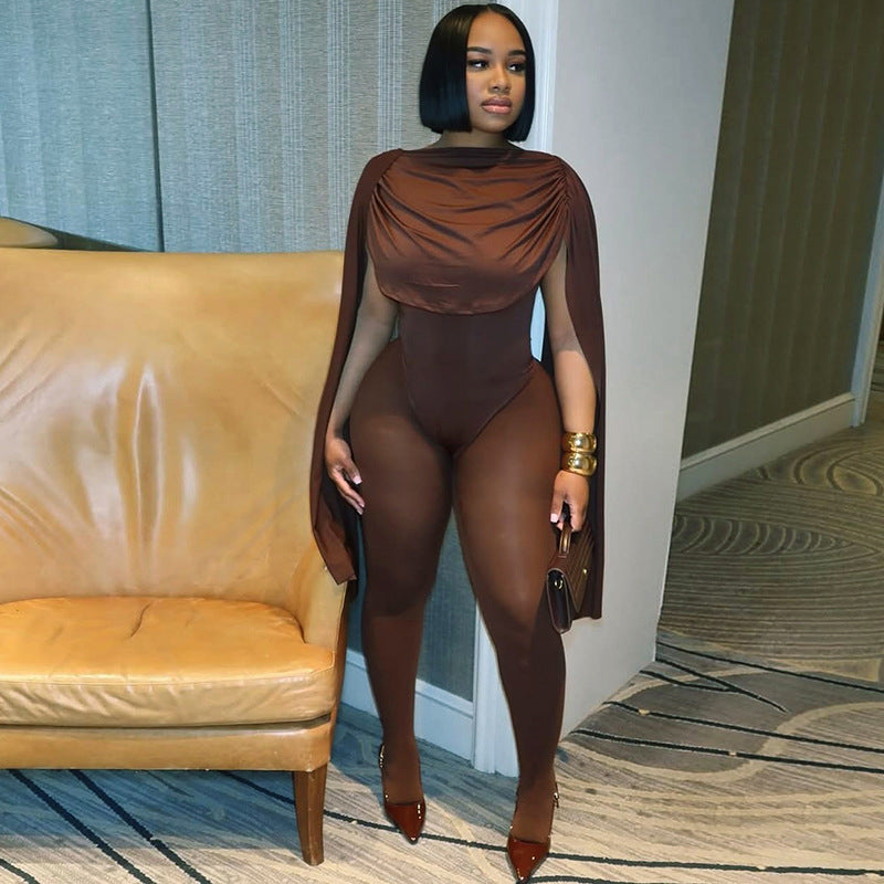 Women's Autumn Solid Color Casual Slim Fit Patchwork Long Sleeve Arm Cut-Out Mesh Long Jumpsuit 4