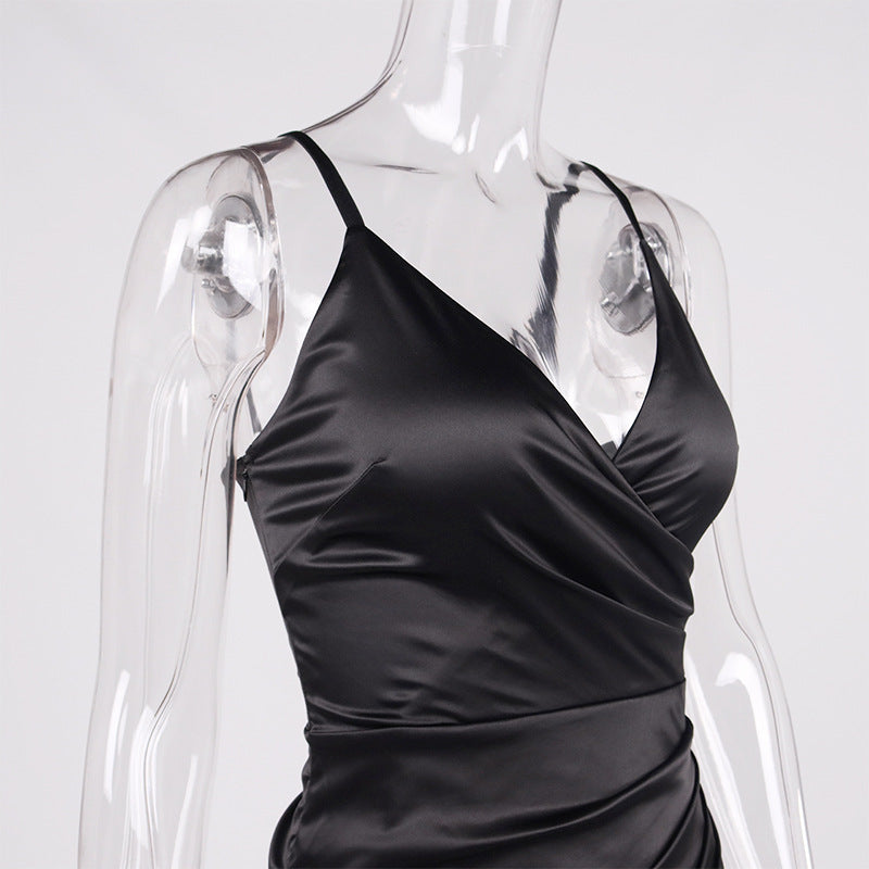 Summer Vacation Beach Party Satin Sexy V Neck Halter High Slit Maxi Dress 11