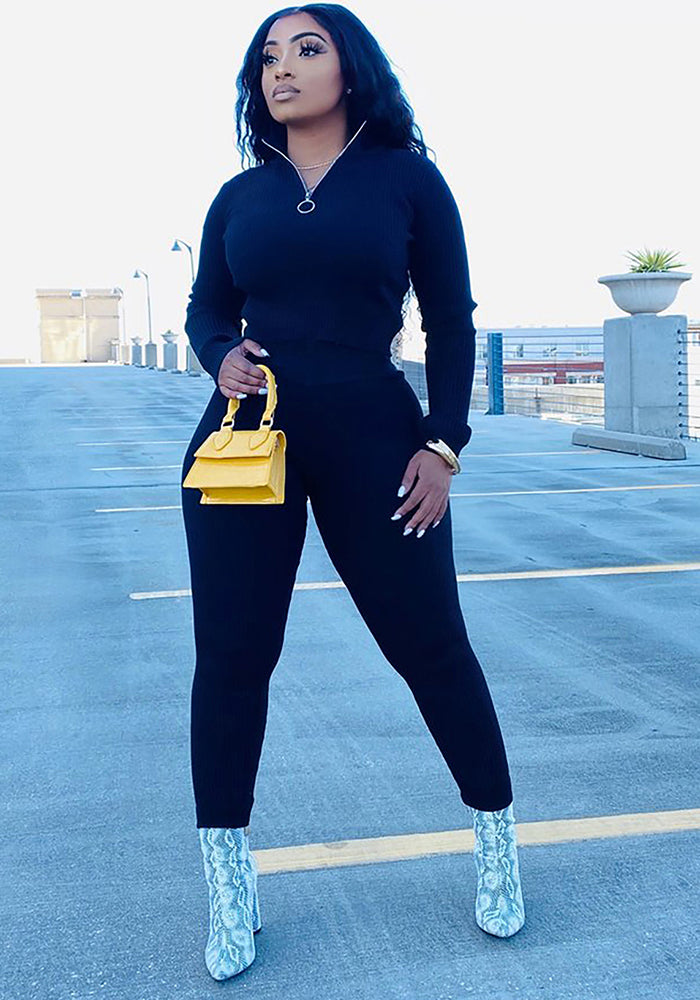 Women's Autumn Solid Color Ribbed Zipper Long Sleeve Tight Slim Sport Two Piece Pants Set 7