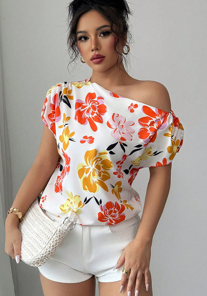 Slash Shoulder Shirt Summer Women's Pullover Holidays Short Sleeve Blouse