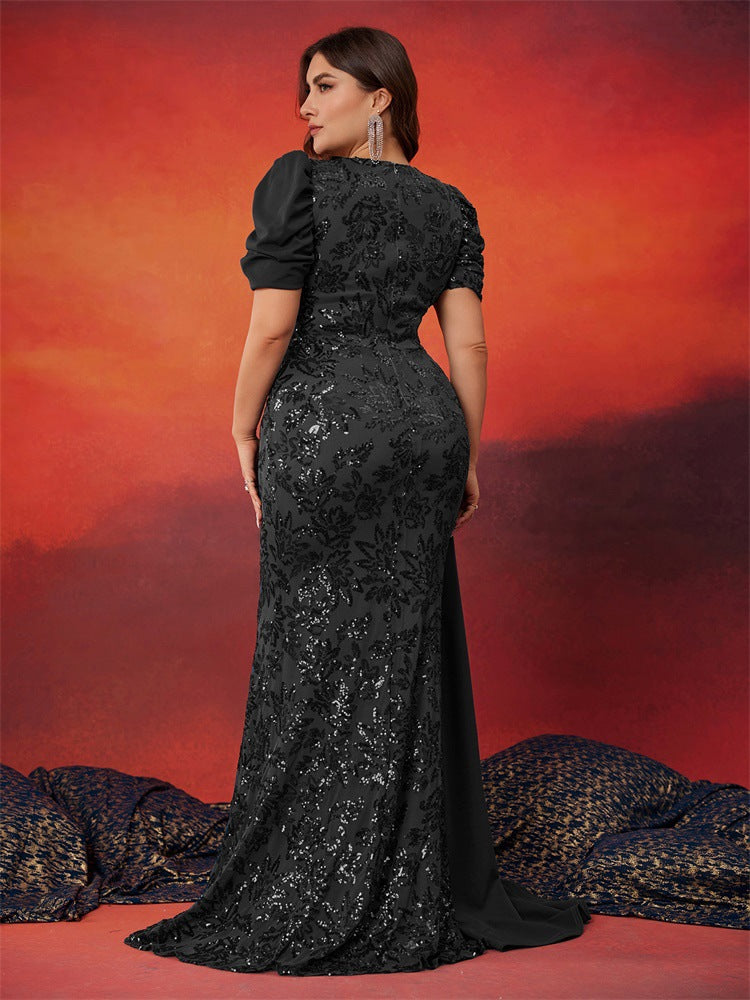 Plus Size Women Elegant Sequin Patchwork V Neck Short Sleeve Evening Dress 13