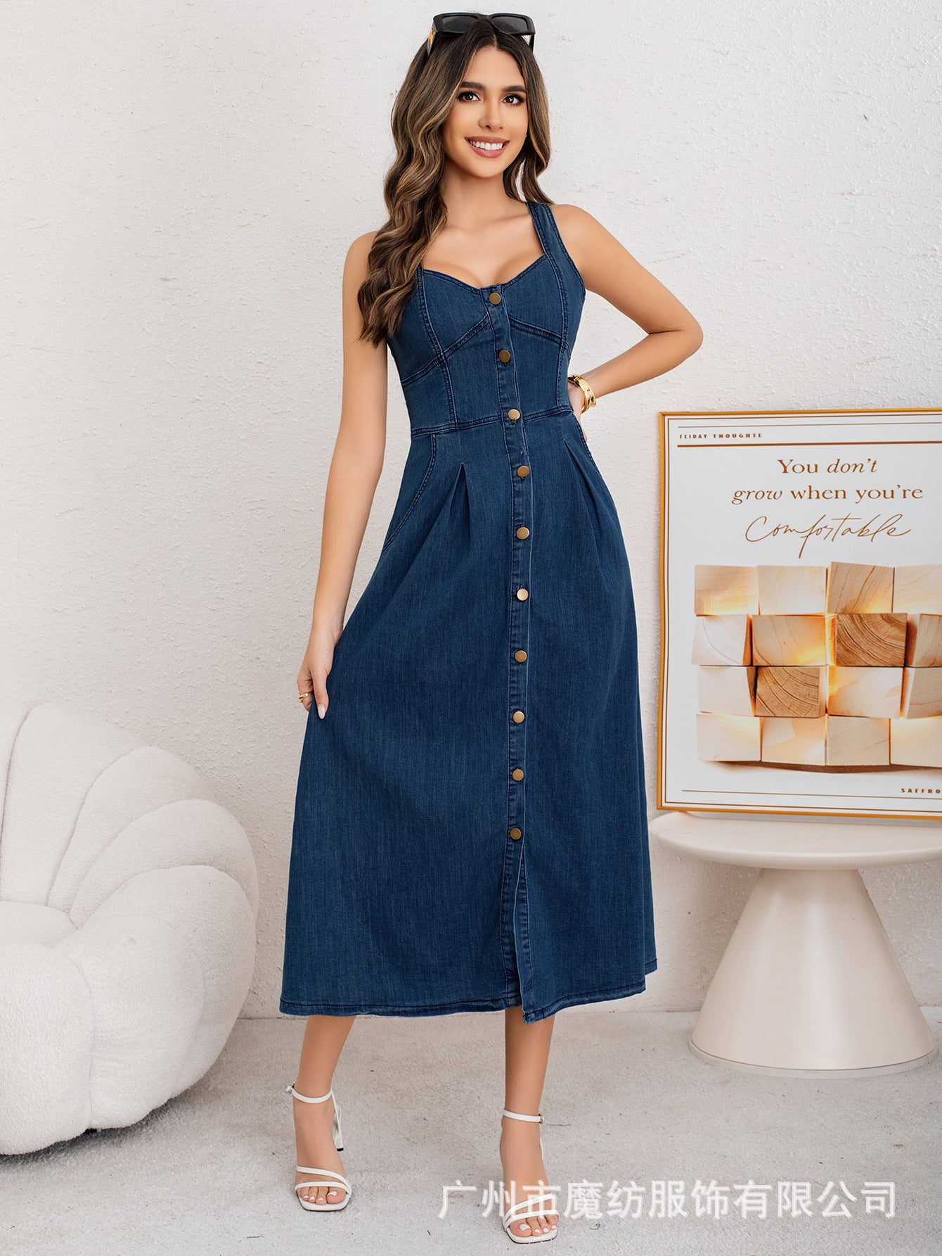 Women Spring/Summer Denim Button Stretchy Slip Dress 10