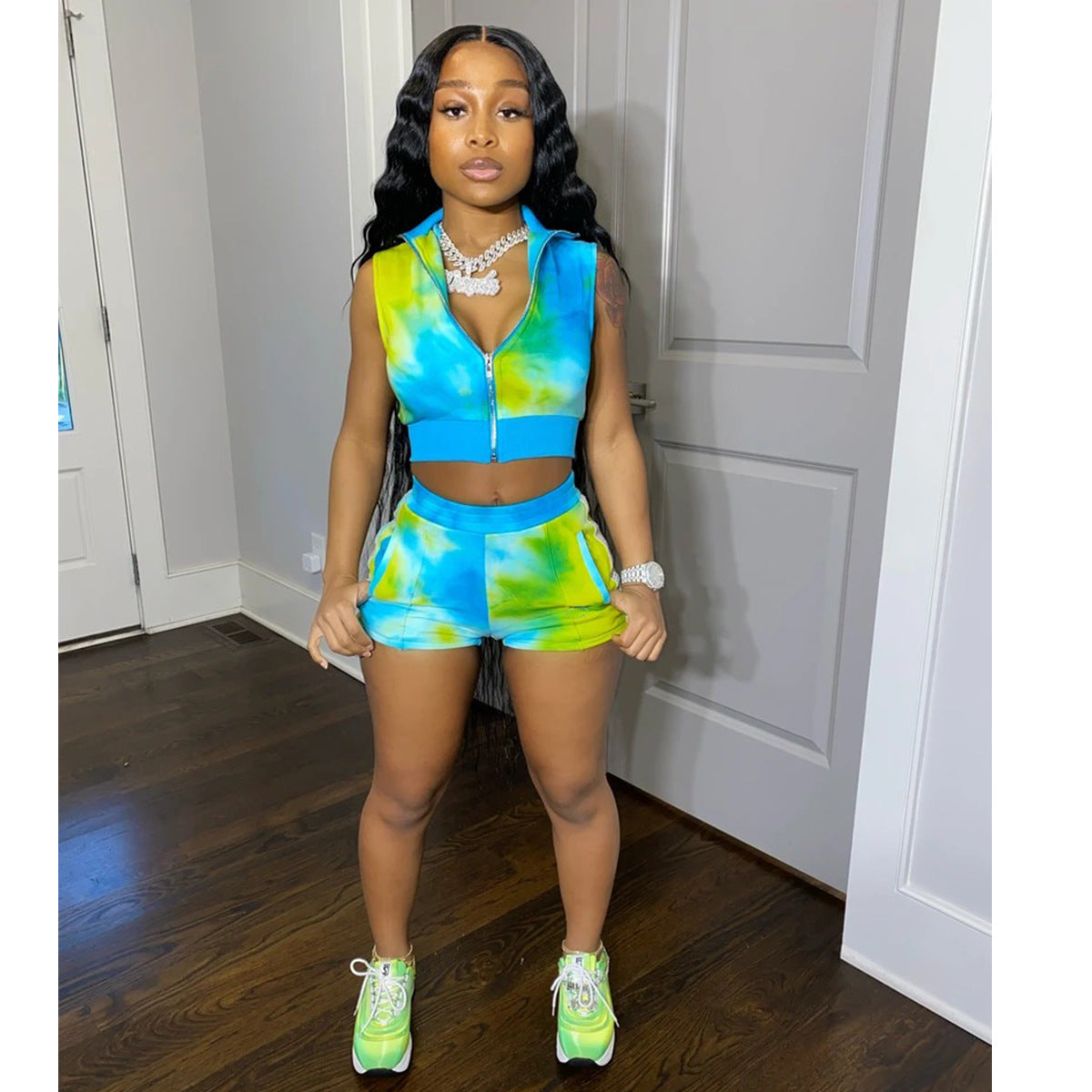 Women's Beaded Sleeveless Sexy Tie-Dye Two-Piece Shorts Set 3