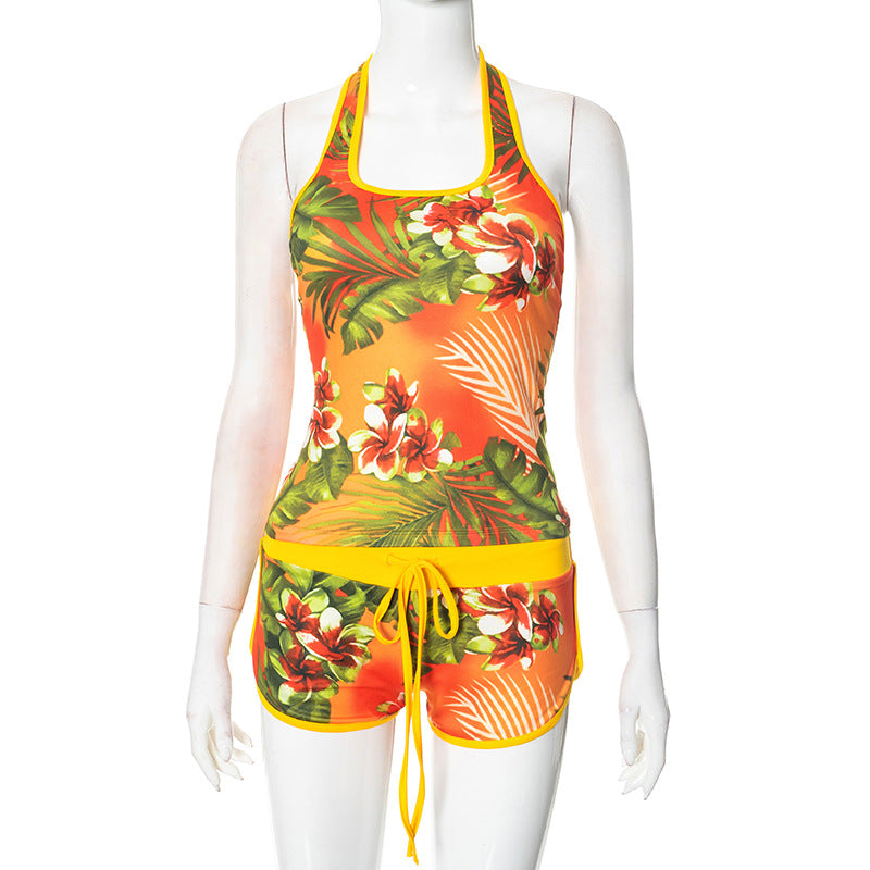 Sexy Halter Neck Printed Contrast Two Piece Shorts Set 9