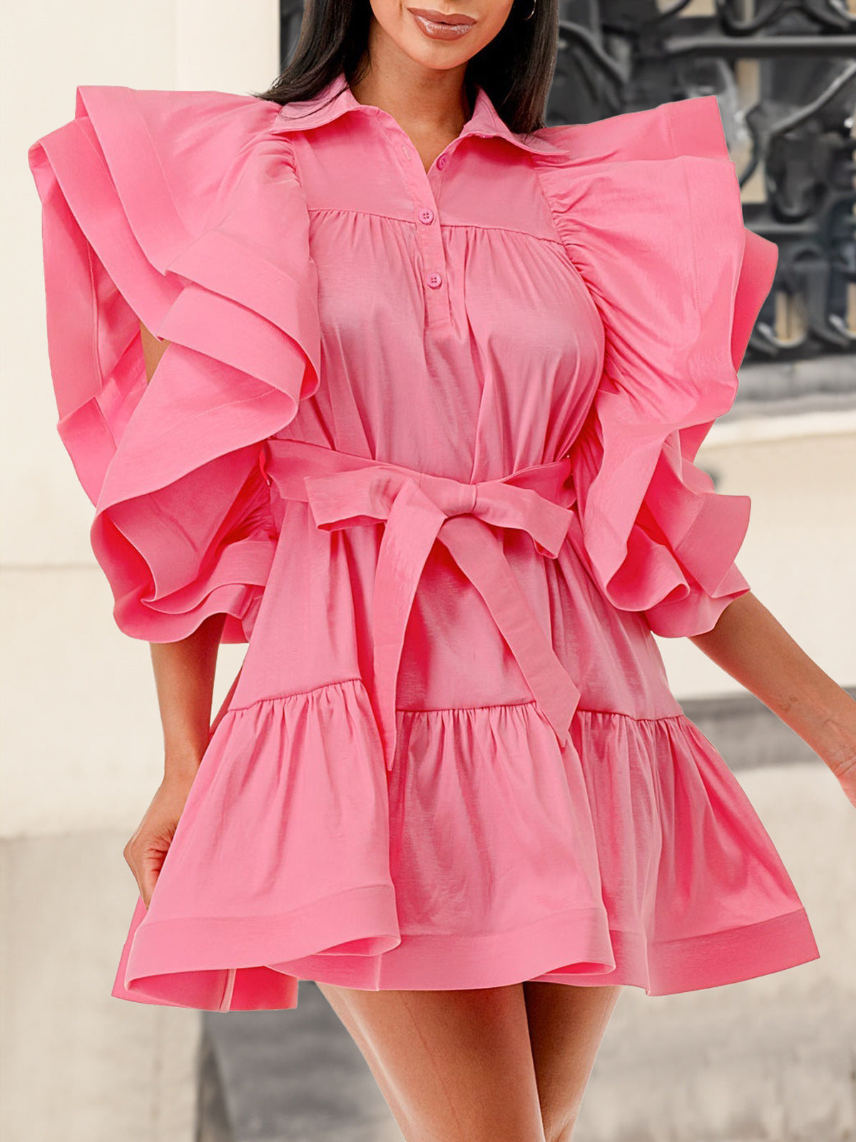 Plus Size Ladies' Fashion Turndown Collar Flying Sleeve A-Line Dress 8