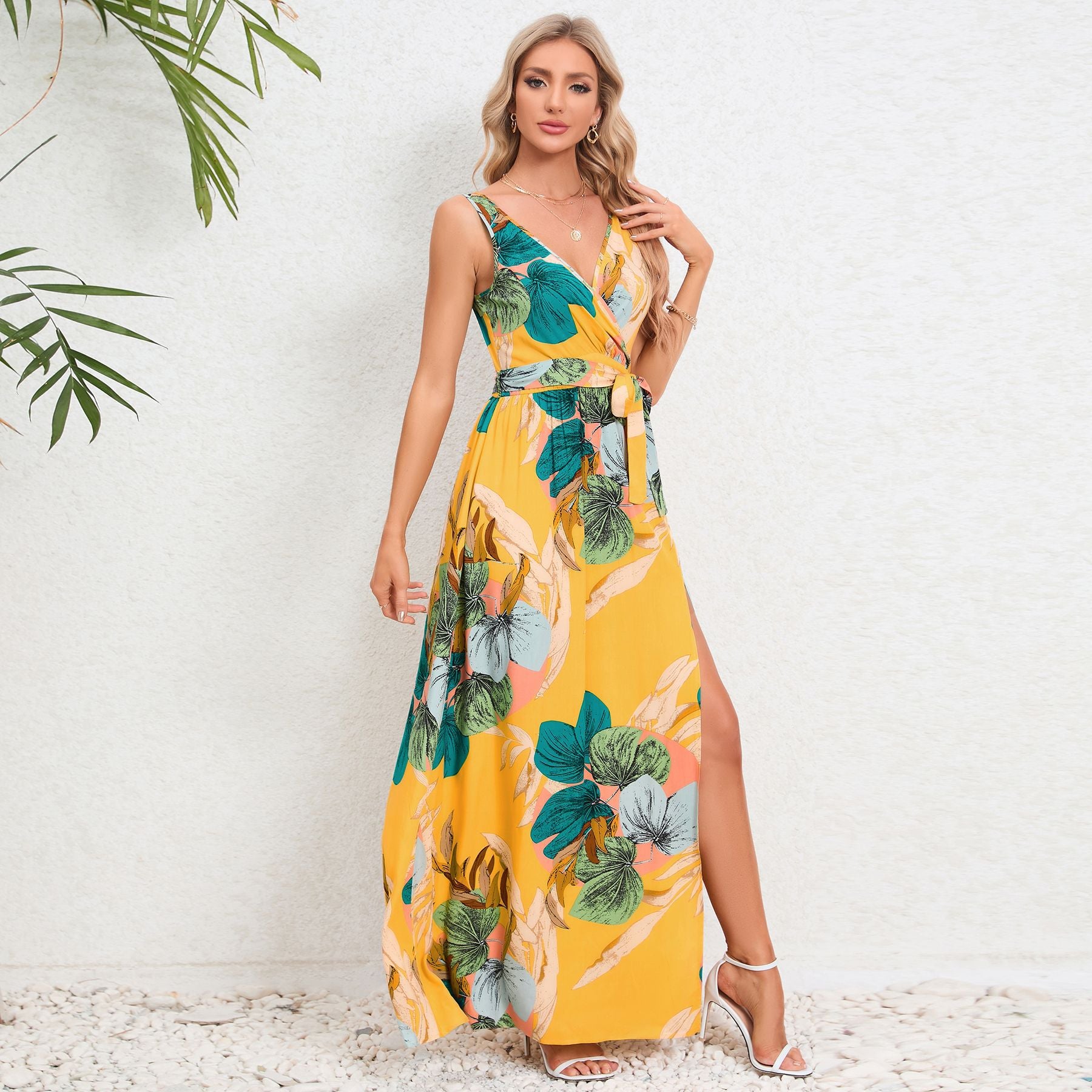 Summer Women's V-Neck Sleeveless Slit Printed Long Strap Dress 29