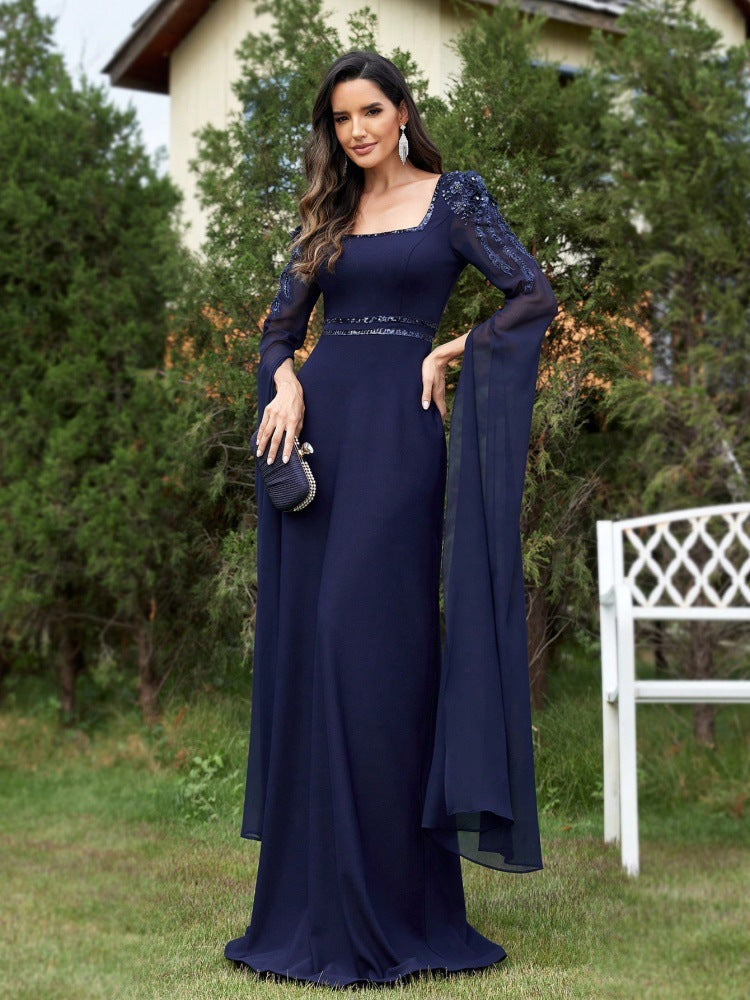 Women's Formal Cocktail Evening Chic Square Neck Long Sleeve Floor Length Chiffon Evening Dress 6