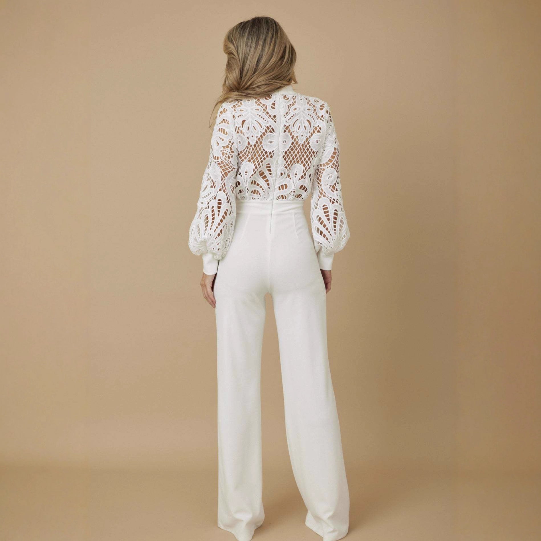 Women's Style Lace Trim Patchwork Long Sleeve Casual Wide-Leg Jumpsuit 3