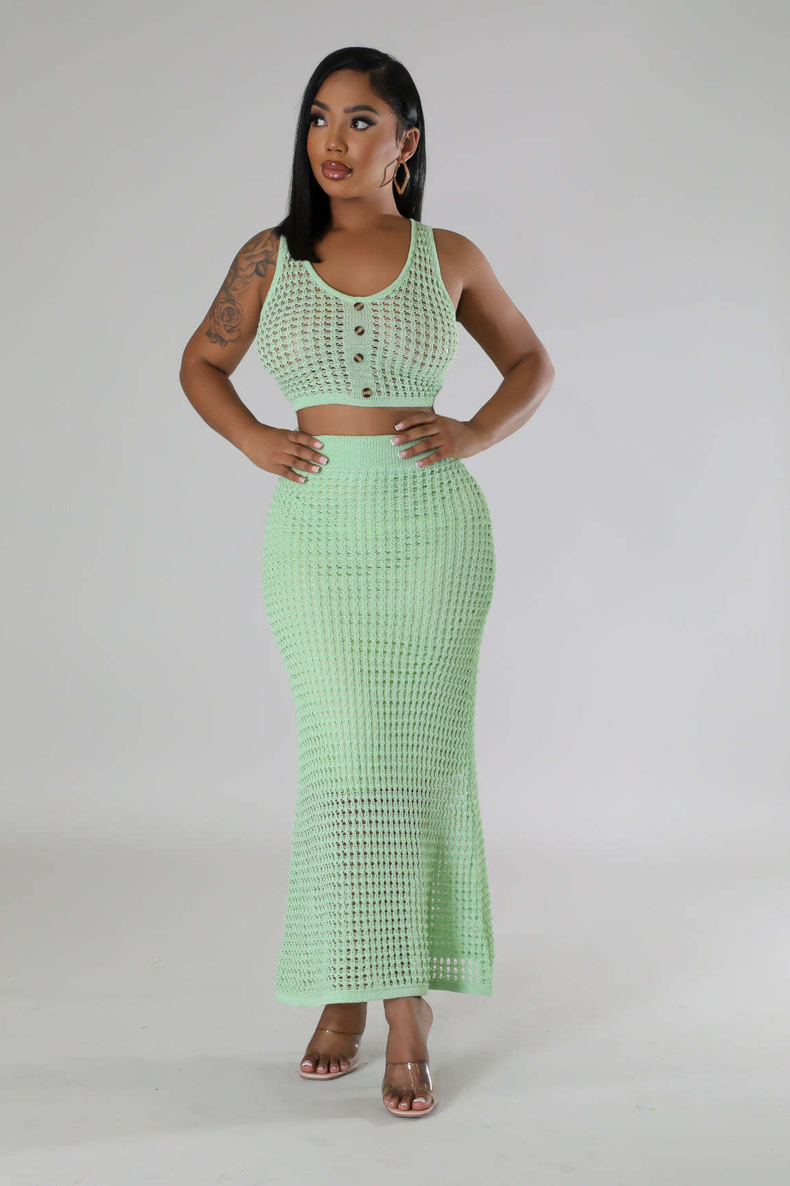 Women tassel fishnet knitting Casual Top and Skirt two-piece set 13