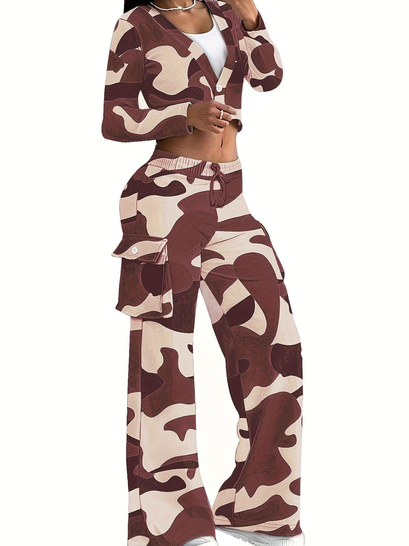 Women Camo Print Casual Sexy Crop Top and Pants Two-piece Set 10