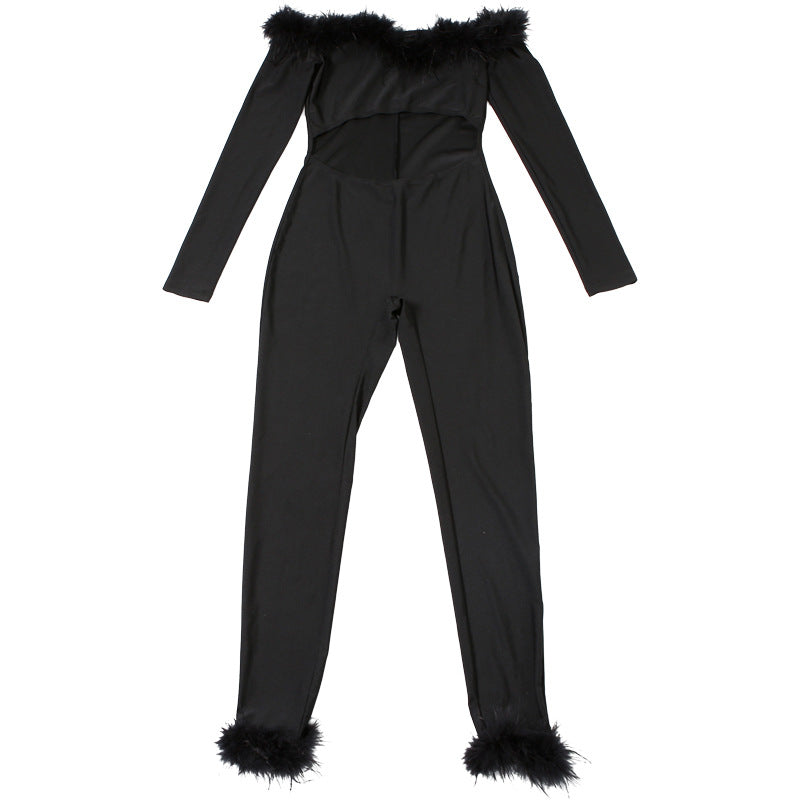 Spring Fashion Street Trend Off Shoulder Fur Patchwork High-Waist Hollow Women's Jumpsuit 9