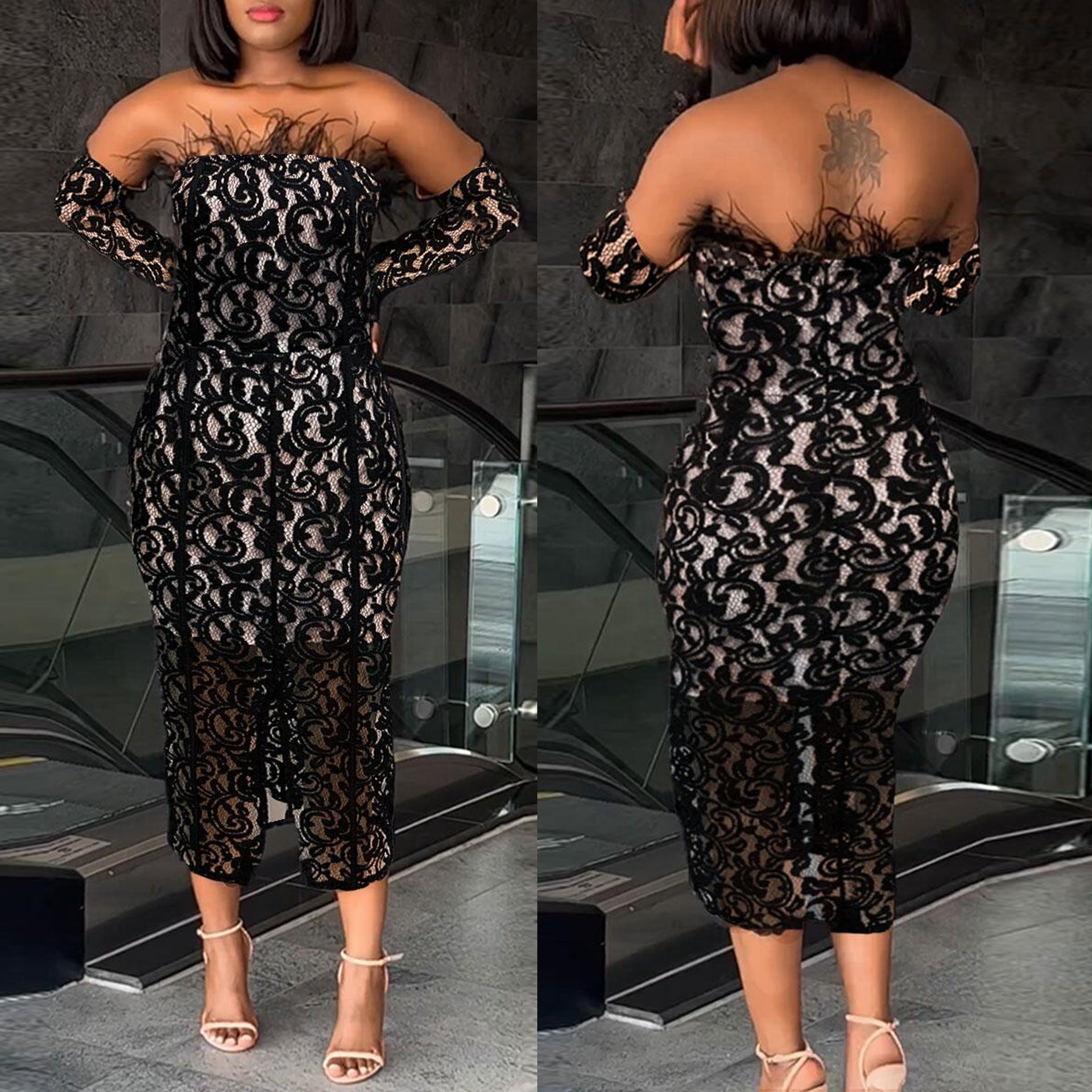 Women's Off Shoulder See-Through Slit Feather Lace Bodycon Dress