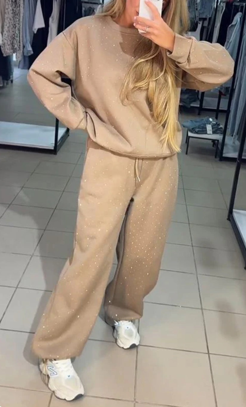 Autumn Winter Women's Clothing Casual Round Neck Long Sleeve Beaded Two Piece Pants Set 3