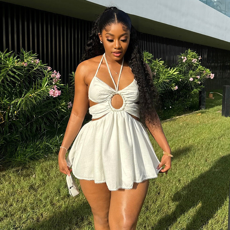 Women's Autumn Halter Neck Tie Beaded High Waist Short Dress 5