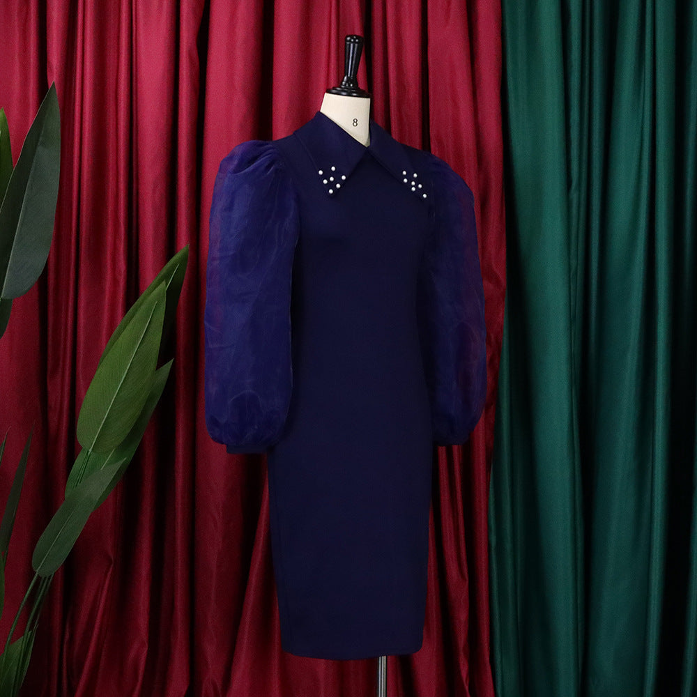 Women'S Spring Autumn Long Sleeve Plus Size Beaded Mesh Patchwork Career Bodycon Pencil Dress 13