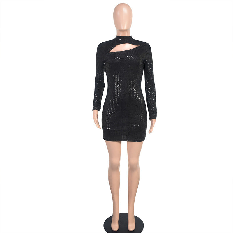 Women Long Sleeve Hollow Out Sequin Bodycon Dress 6