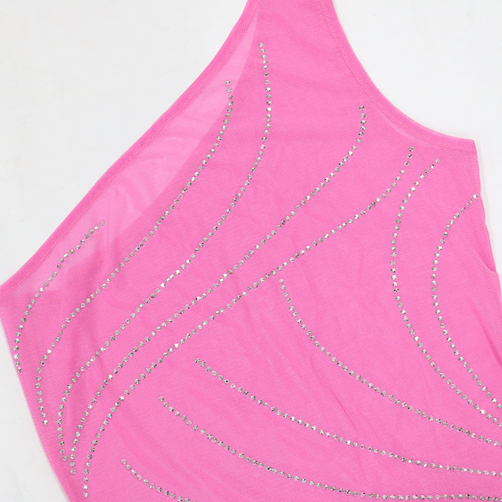 Sexy Solid Color Beaded Slash Shoulder Tassel Irregular Dress For Women 15