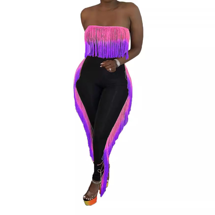 Women's Fashion Sexy Gradient Tassel Strapless Two-Piece Pants Set 6