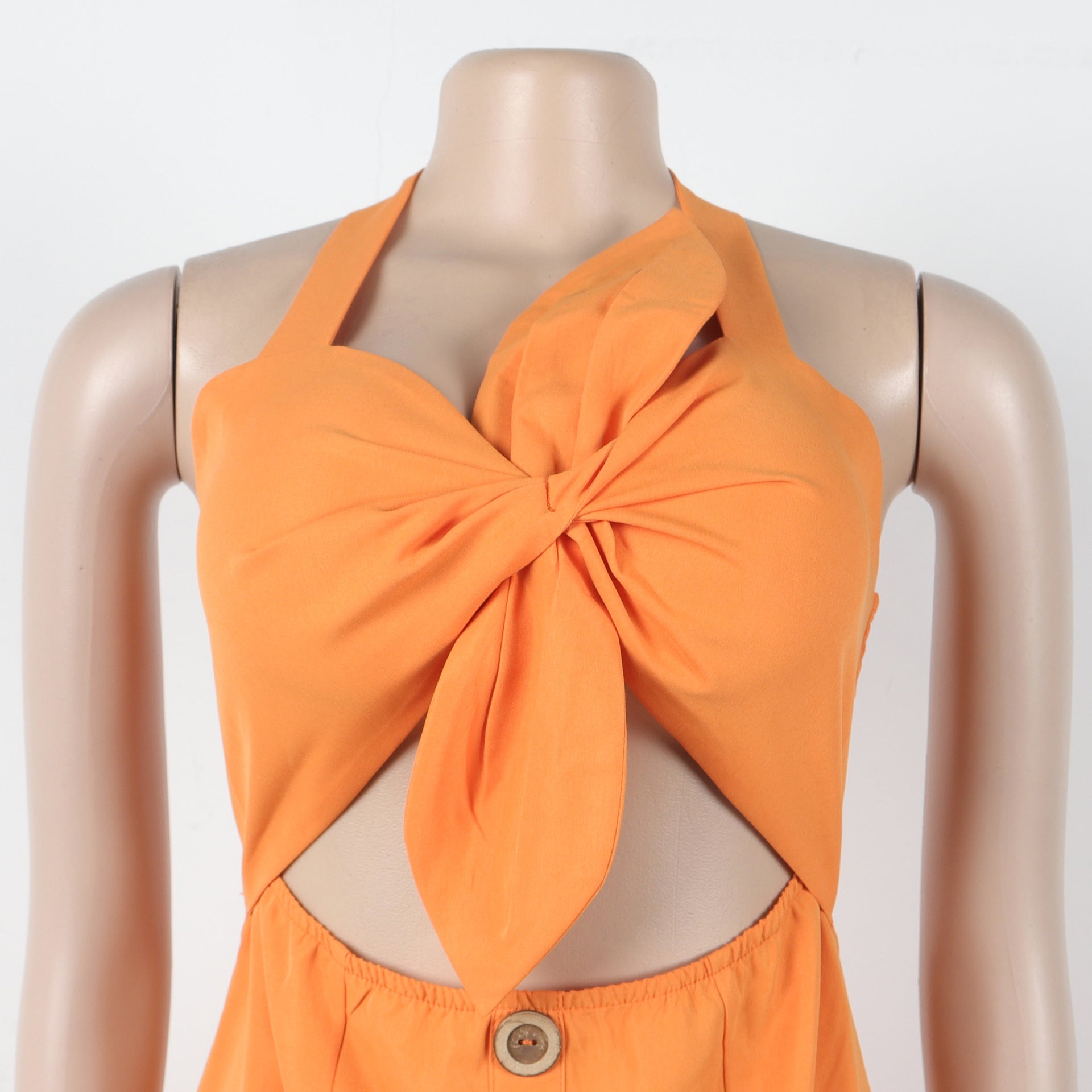 Women Elegant Career Solid Knot Halter Neck Lace-Up Dress 17