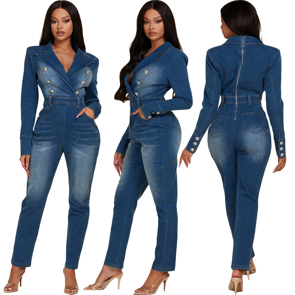 Women Turndown Collar Button Denim Jumpsuit