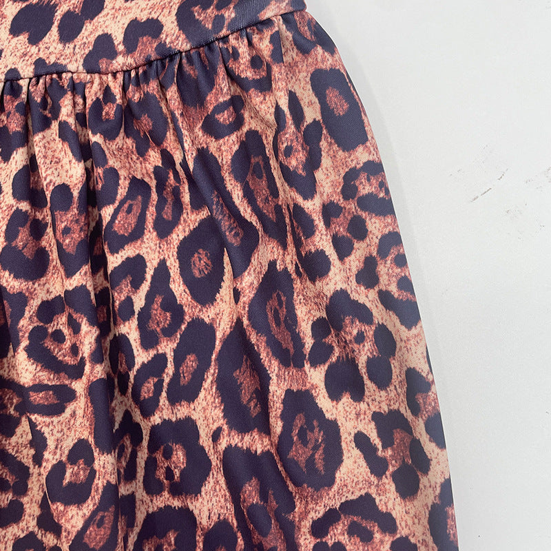 Women's Spring Leopard Print Round Neck Pleated Slim Sexy Low-Back Dress 14