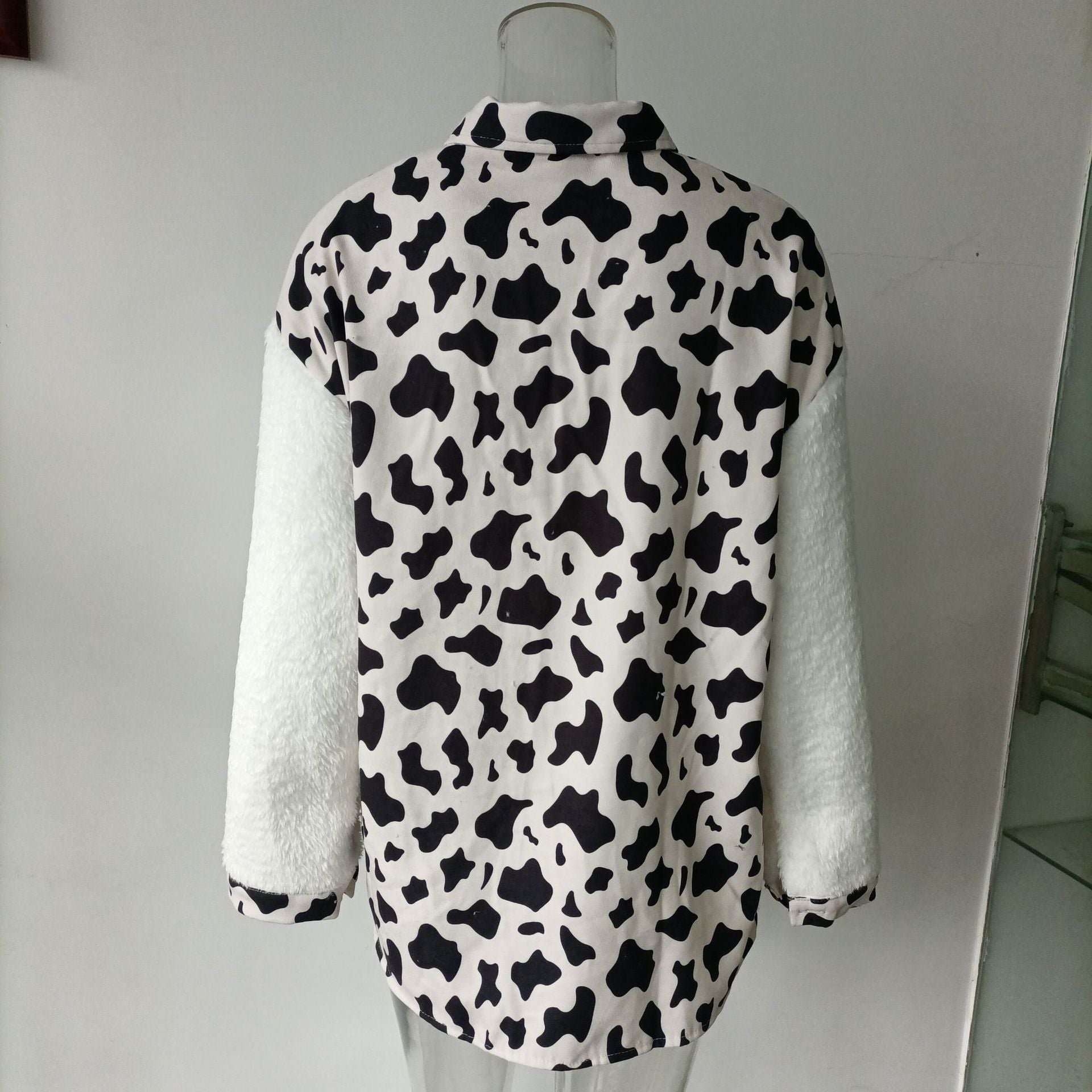 Women Turndown Collar Leopard Plaid Print Furry Patchwork Contrast Warm Long Sleeve Shirt 24