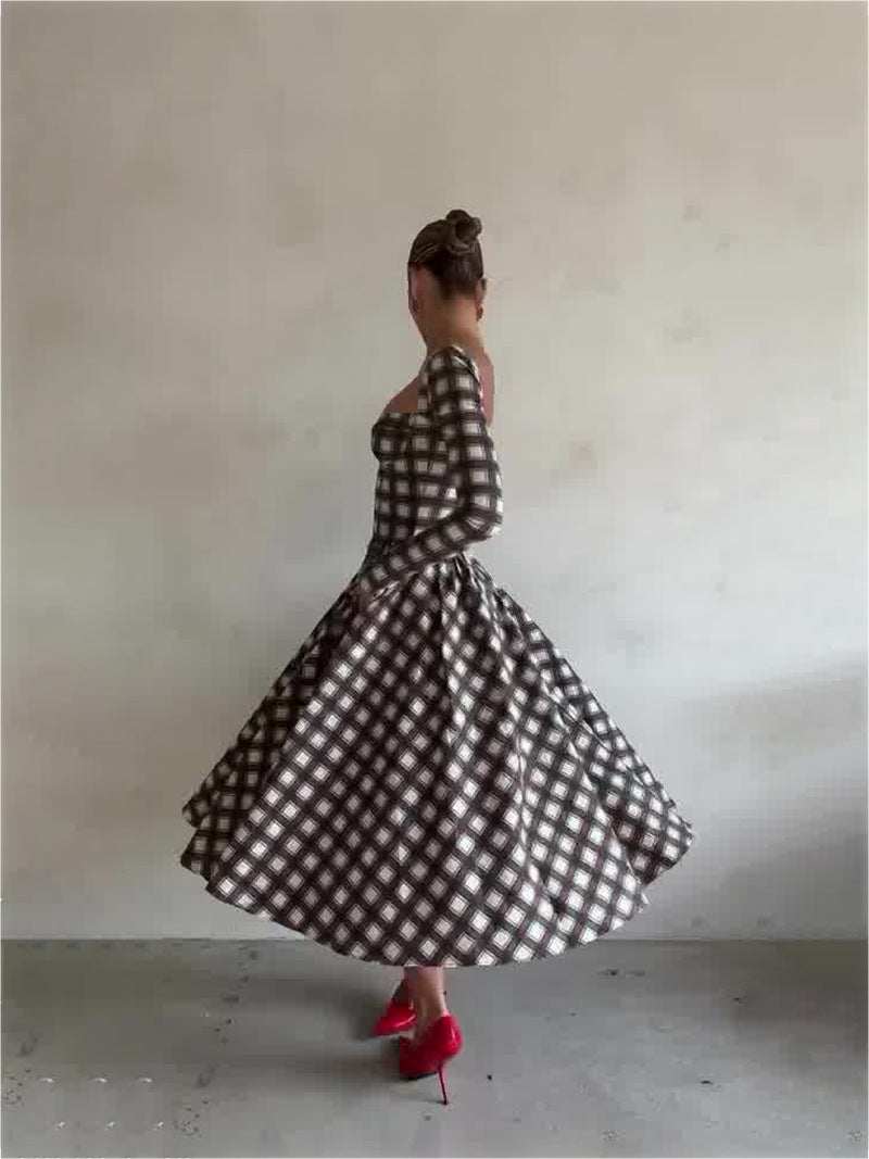 Women Autumn U-neck Plaid Long Sleeve Belt Dress 4