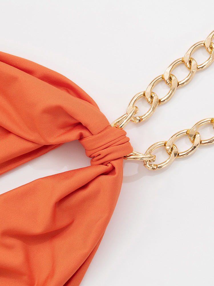 Women Solid Halter Neck Chain Hollow Backless Slit Dress 7