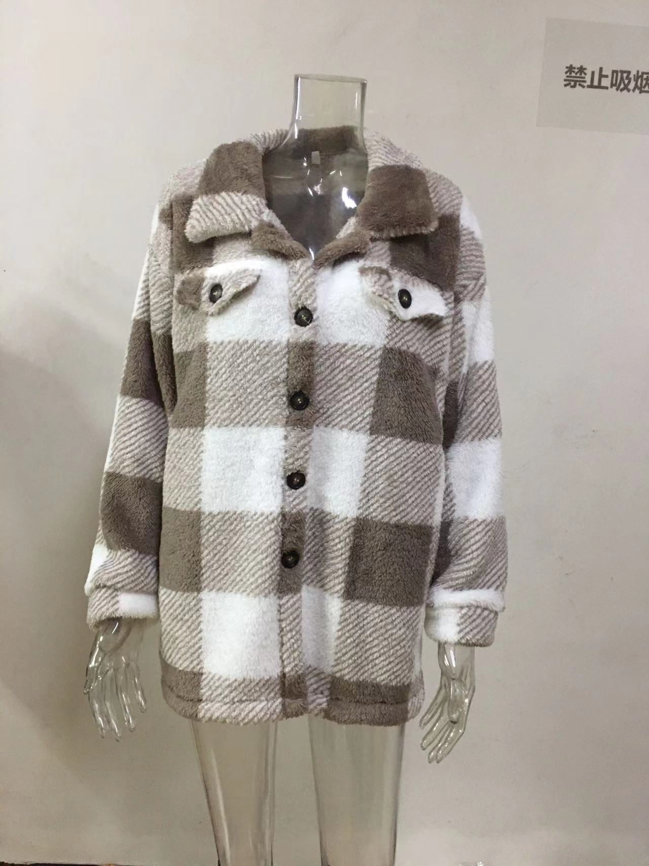 Women Autumn and Winter Pocket Plaid Sherpa Jacket Button Plush Jacket 31