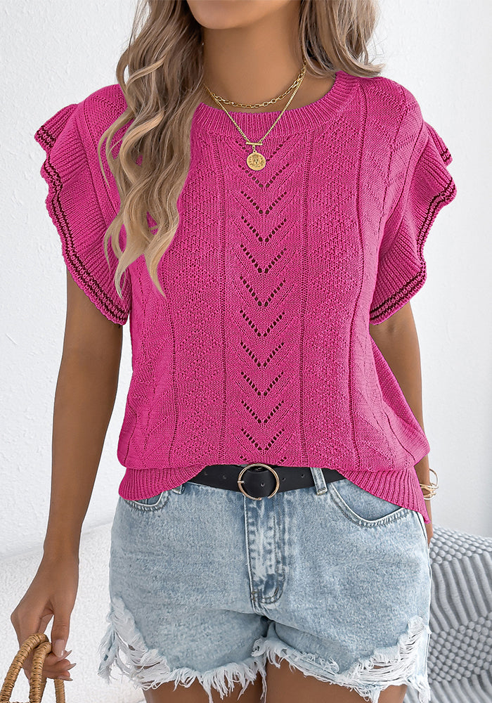 Women Spring and Summer Casual Hollow Twist Contrast Ruffle Edge Knitting Holidays Top