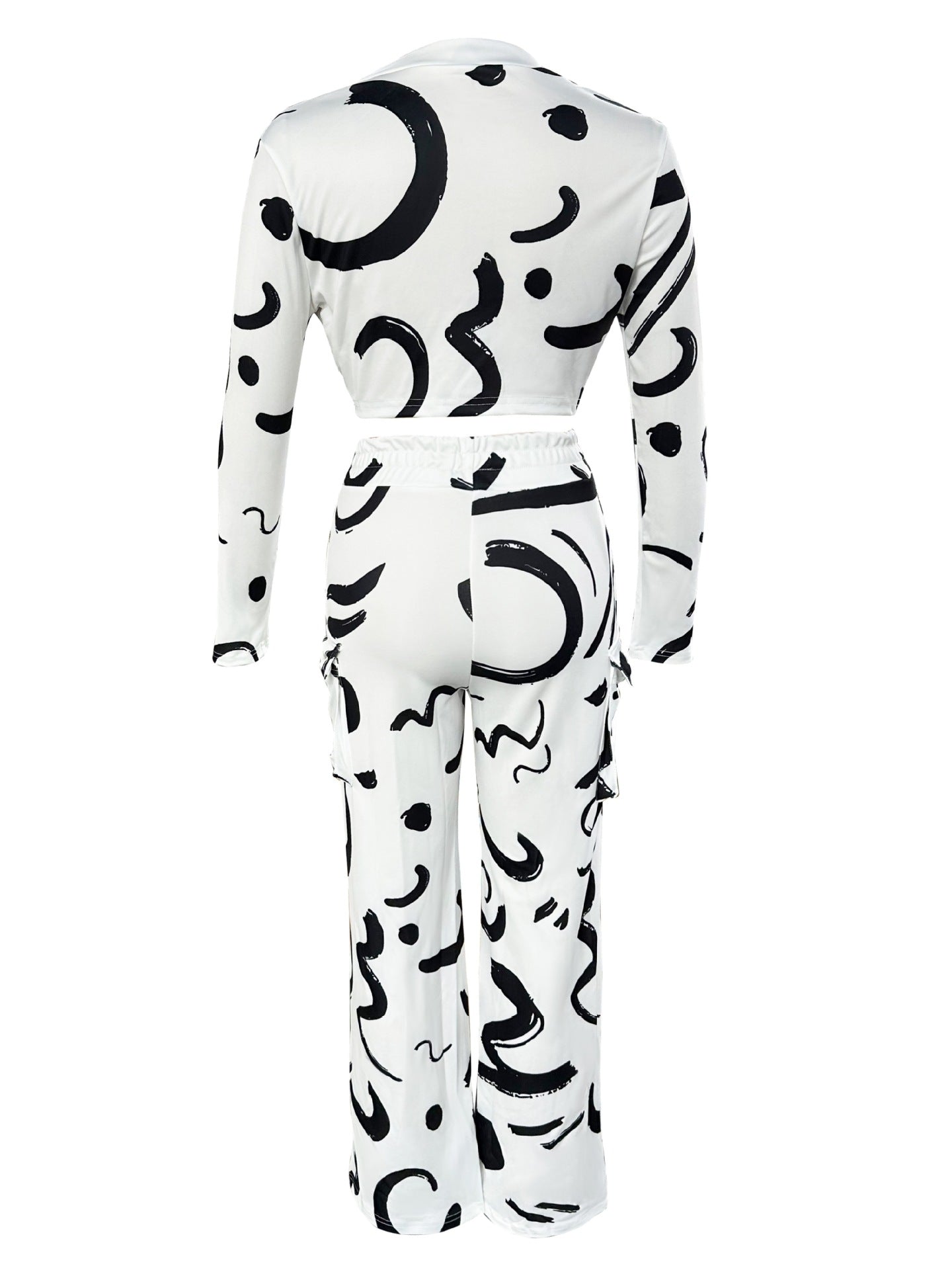 Women Autumn and Winter Geometric Line Print Casual Sexy Short Top and Pant Two-piece Set 13