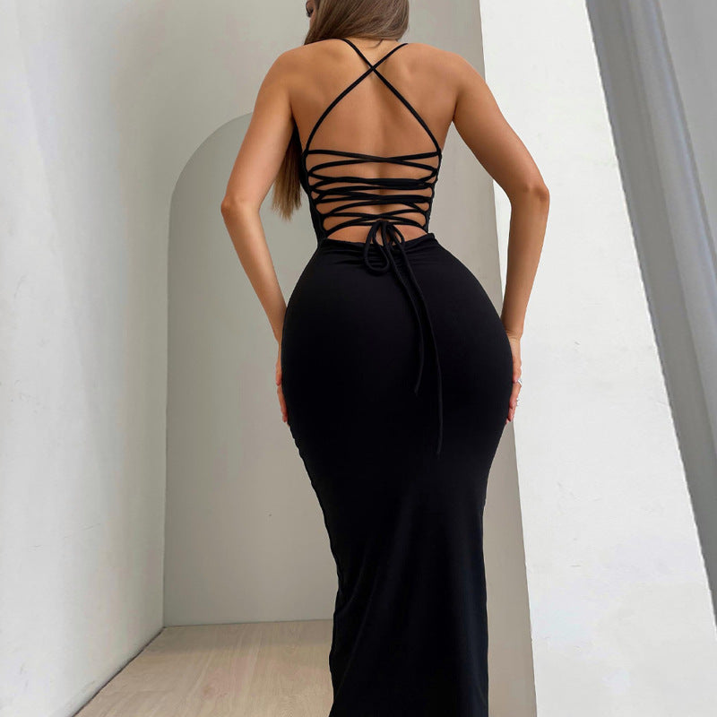 Women Spring Summer Sexy Backless Lace-Up Solid Dress