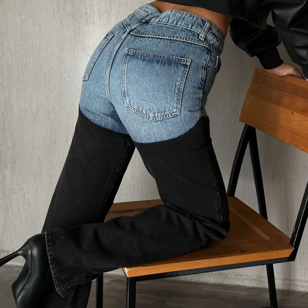 Women Spring Color Patchwork Denim Wide-leg pants 4