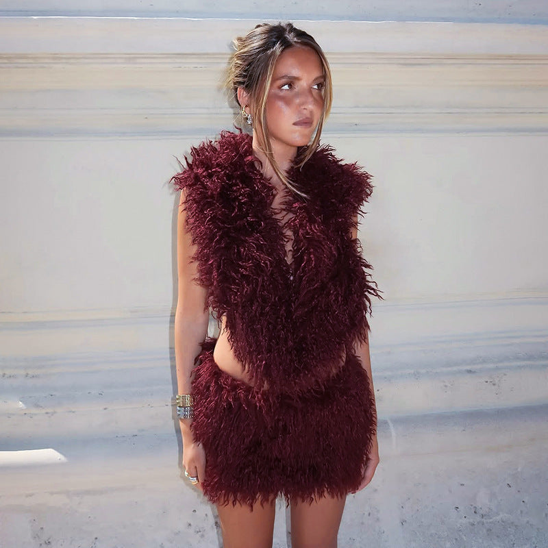 Women's Faux Fur U-Neck Hooded Low Back Top & Skirt Two-Piece Set 21