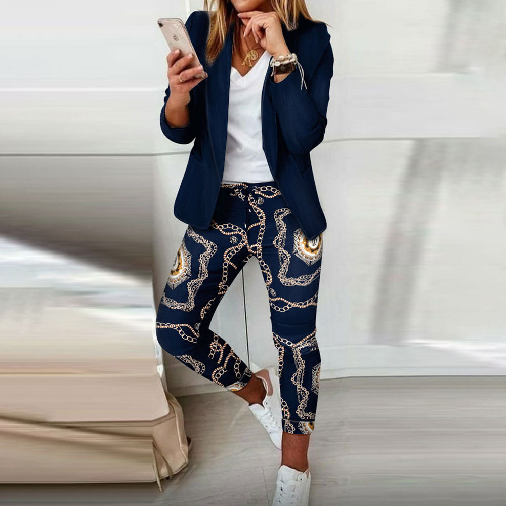 Autumn Winter Fashion Printed Long Sleeve Casual Blazer Pants Career Women Two Piece Suit 5