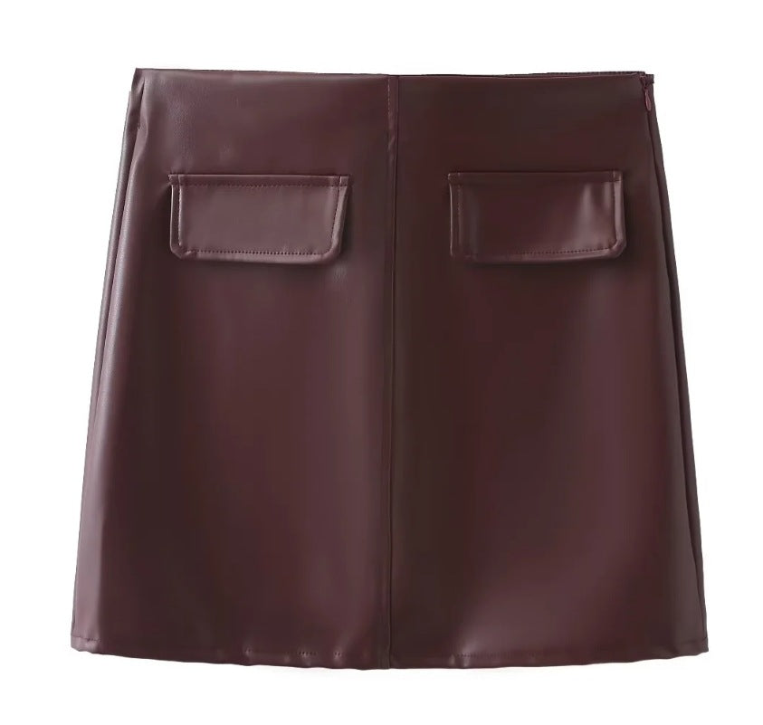 Women's Turndown Collar Button Pu Jacket Mini Skirt Two-Piece Set 3