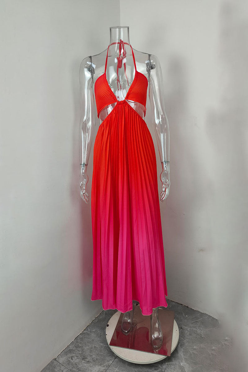 Women summer gradient Halter Neck pleated beach Holidays Maxi Dress 9