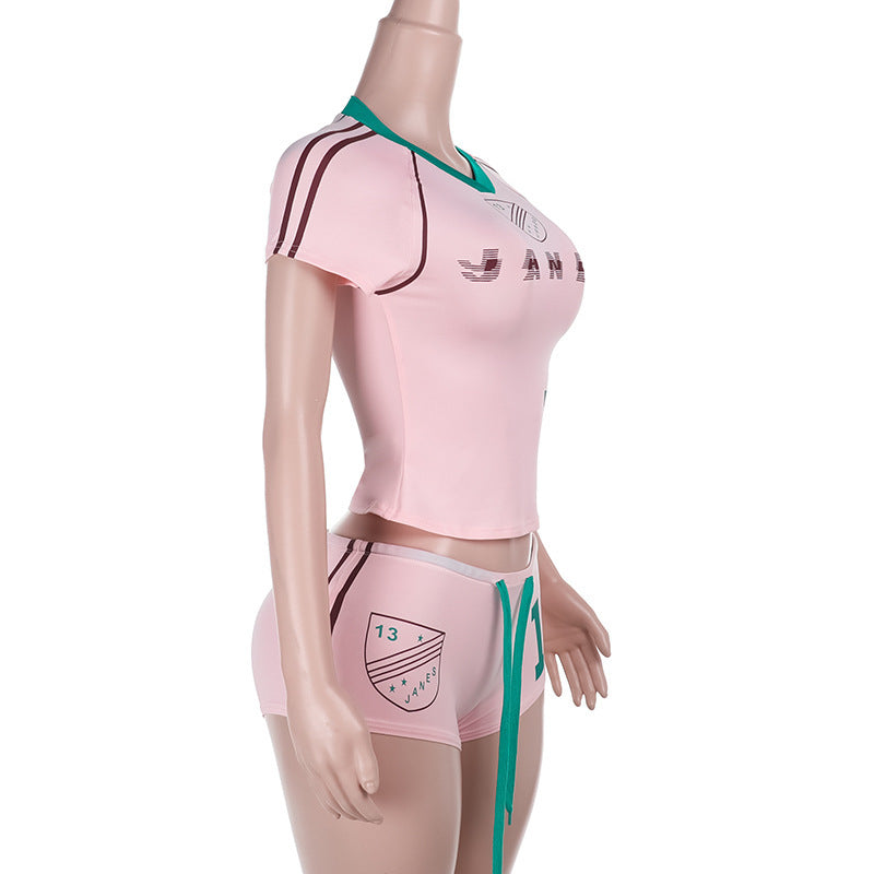 Summer Printed Short Sleeve Slim Streetwear Shorts & Casual Sports Yoga T-shirt Set 9