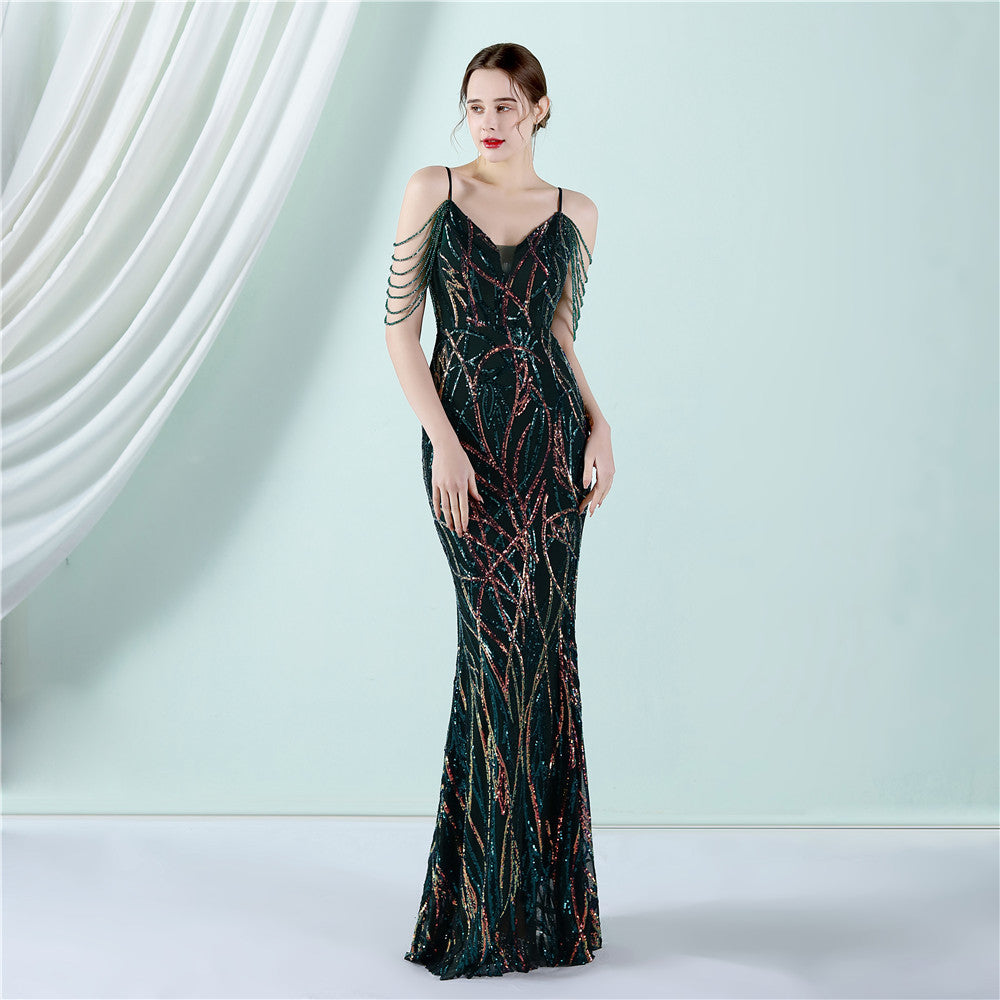 Women Summer Vintage Strap Sleeveless Striped Print Metallic Sequined Mermaid Evening Dress 9