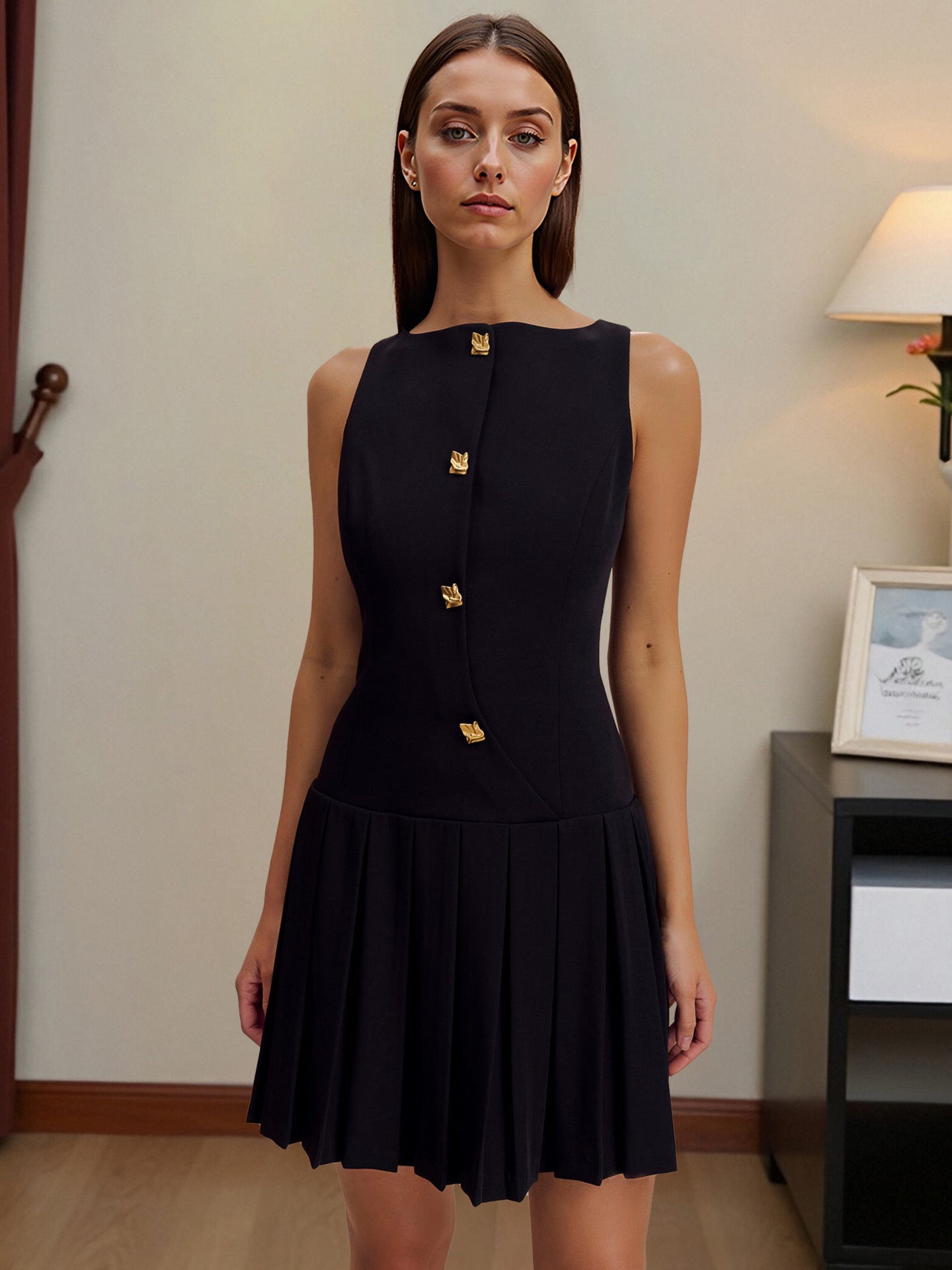 Spring Summer women's  solid color sleeveless Slim Waist pleated short dress