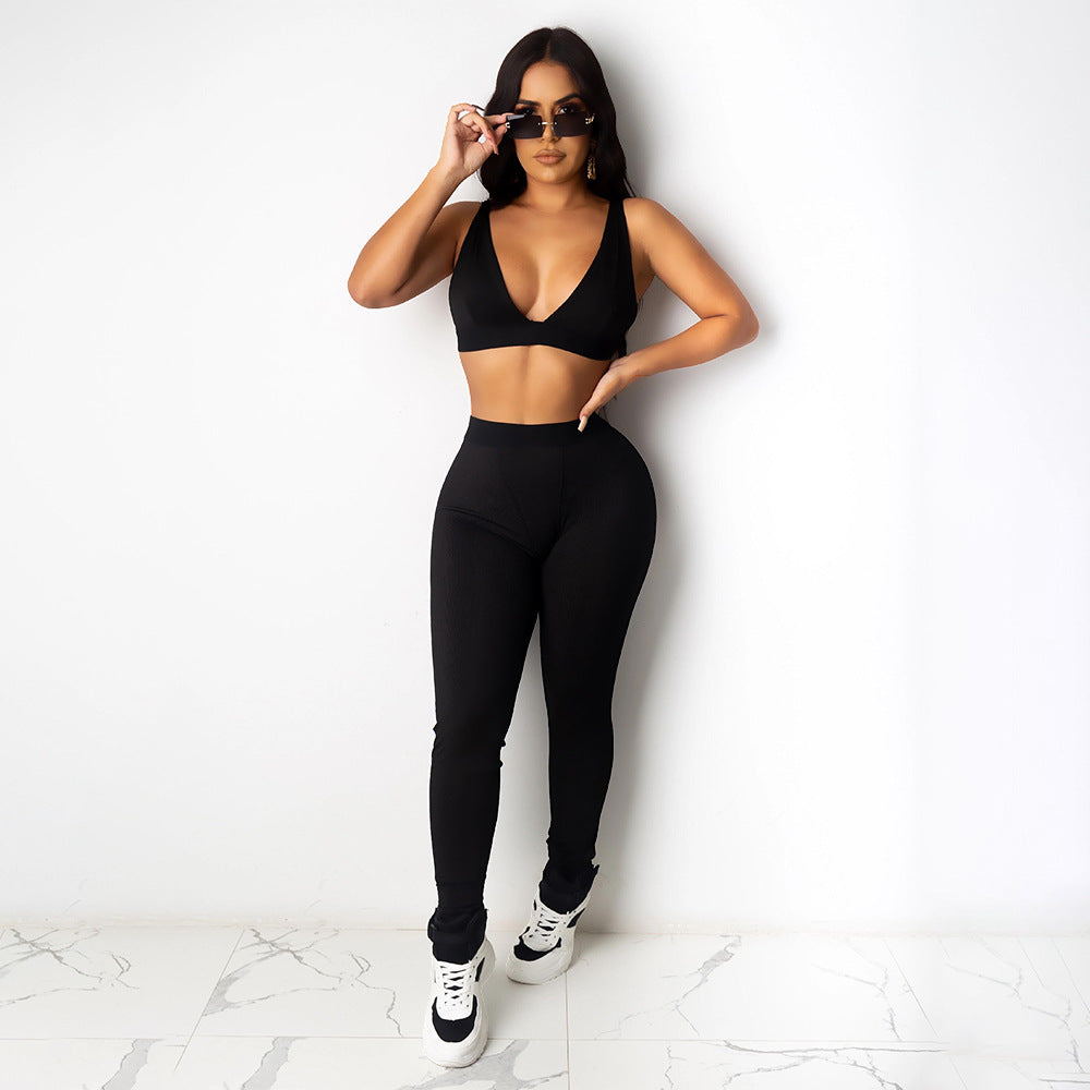Women Solid Sling Elastic Casual Sports Two-piece Set
